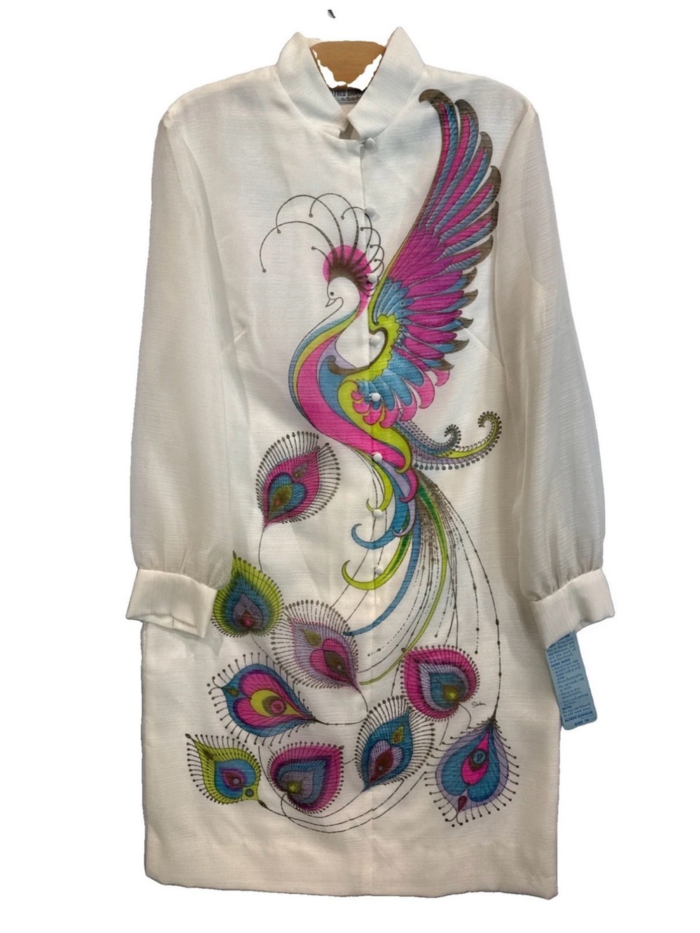Alfred Shaheen Vintage NWT 70’s Cream Peacock Print Shift Dress Sz 16 Large